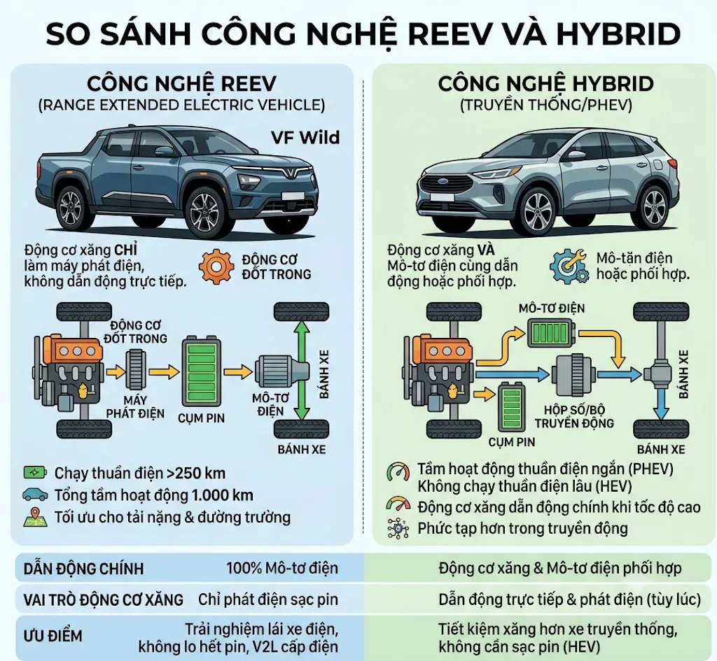 Giải mã công nghệ REEV trên VinFast VF Wild: Xe điện có gì khác biệt? 2 Giải mã công nghệ REEV trên VinFast VF Wild: Xe điện có gì khác biệt? so sanh REEV va HYBIRD Giải mã công nghệ REEV trên VinFast VF Wild: Xe điện có gì khác biệt?